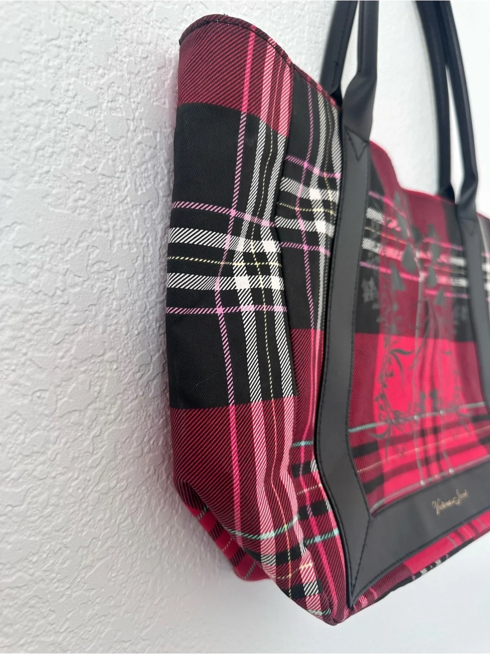 Victoria's Secret Red and Black Plaid Tote with Floral Accent
